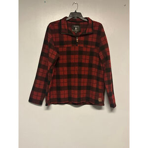 Men's JOHN WAYNE Zip Up Sweater XL Red Black Plaid fleece pull over